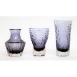Whitefriars - Geoffrey Baxter: Three Textured Range Glass Vases, in lilac, pattern 9830/9832/9835,