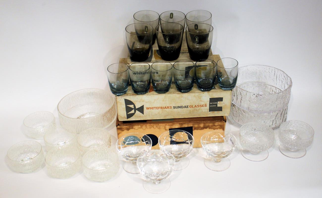 Whitefriars - Geoffrey Baxter: Icicle Glass Fruit Set, in flint, comprising bowl and six small bowls