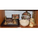 Clarice Cliff bowl and vase, a modern Chinese vase and cover, coins, brass ware, two prints, etc