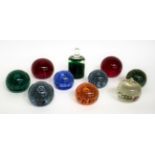 Whitefriars - Nine Glass Paperweights, including 9891 apple 9cm and bubbled 9308 in various