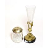 German cut-glass jar with 800 mount lid, a Victorian brass base vase with engraved glass trumpet (