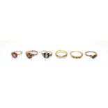 A garnet and opal cluster ring, unmarked, finger size Q, a 9 carat gold gem set ring, finger size L,