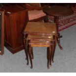 A nest of tables; a mahogany tripod table; and a bedside cabinet (3)