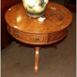 A walnut drum table on tripod base