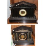 A Victorian black slate striking mantel clock with a Victorian black slate mantel timepiece