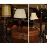 Carved mahogany standard lamp (adapted), a mahogany tripod standard lamp, a brass Corinthian