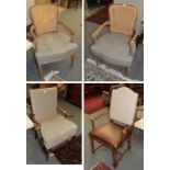 A pair of French style bergere with buttoned squab cushions, a 20th century armchair later recovered