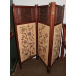 Carved Arts & Crafts three fold screen with embroidered fabric panels, signed Alice Foster, Jan 1939