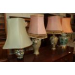 A pair of modern cloisonne enamel table lamps with shades, a large modern Chinese famille verte