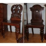 A Victorian carved oak hall chair and another Victorian hall chair with carved back support