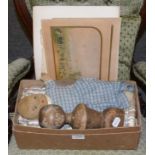 A wooden antique doll head and torso, 26.5cm high and a fabric doll in box together with Le Blond