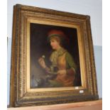 British School (19th Century) Young lady taking tea, oil on canvas, 62cm by 50cm