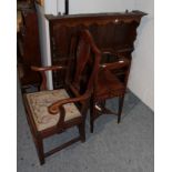 An oak Delft rack with three shelves; George III washstand; and an ash and elm armchair