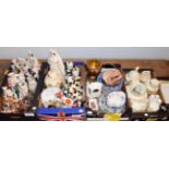 Staffordshire figures including seated spaniels, Queen Victoria, various pairs, Spode, Burslem ware,