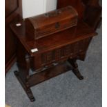 A reproduction oak work table with hinged lid and a reproduction faux leather dome top box (2)