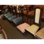 A set of four late Victorian stained beech salon chairs, tub chair upholstered to match, a walnut