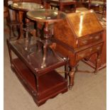 A 20th century walnut bureau, a pair of reproduction oval top tripod tables, reproduction two-tier