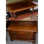 A reproduction oak two-drawer TV stand and a reproduction oak rectangular two-tier coffee table,