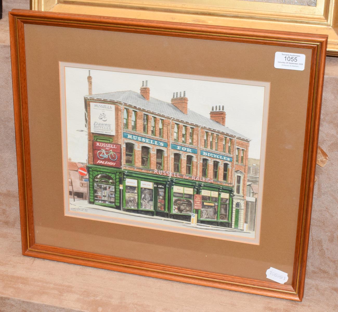 Baz Ward (20/21st century) ''Russell's Bicycle Shop'', signed and dated (19)88, watercolour, 22cm by