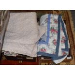 Assorted white cotton night dresses, gents scarves and two modern quilts (two boxes)