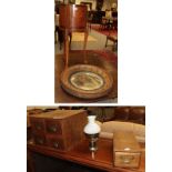 A convex mirror, Edwardian planter, small oil lamp and model of a sail boat, together with oak