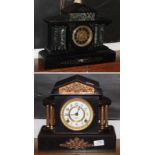 A Victorian black slate and marble striking mantel clock and a black painted metal striking mantle