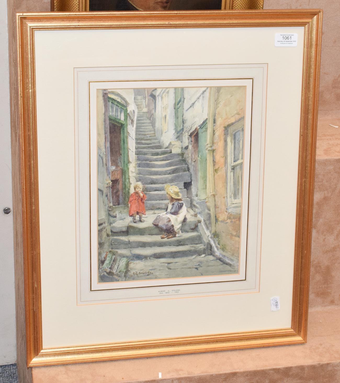 Albert G Stevens (exh. 1903-1922) ''Two children on stepped passageway'' signed, watercolour, 32.5cm