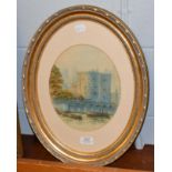 Attributed to George Fall, Kendal water tower, watercolour, 21cm diameter (oval)