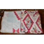 Late 19th century patchwork bed cover with red and white diamonds and another in pastel sprigged