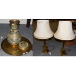 A large Oriental style brass and enamel vase (a.f.), a brass charger and a pair of brass lamps as