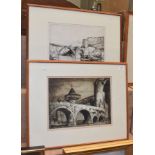 Sir Frank Brangwyn (1867-1959) Castle bridge and figures, signed in pencil, etching, together with a