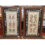 Pair of Chinese export floral silk work embroideries in oak frames. Embroidered panels, 64.5cm by