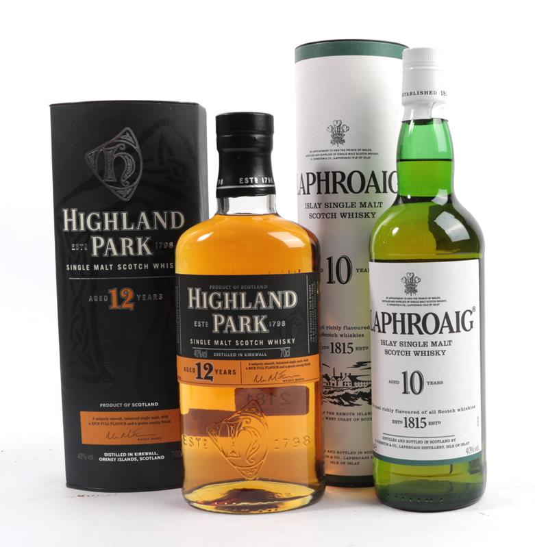 Highland Park 12 Year Old Single Malt Scotch Whisky, 40% vol 70cl (one bottle), Laphroaig 10 Year