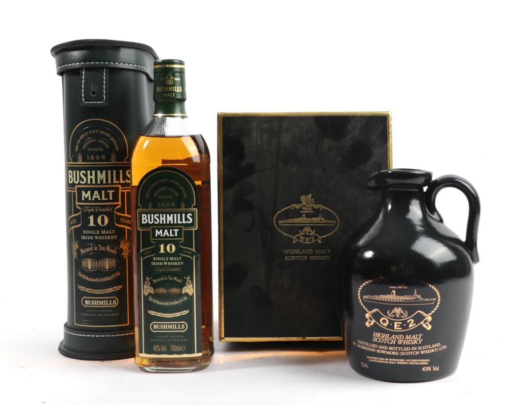 Bushmills 10 Year Old Single Malt Irish Whiskey, 40% vol 70cl, in stitched green leather case (one