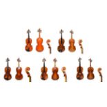 Four Violins & A Viola Viola 15 1/8'' two piece back labelled 'Made in Hungary' cased with bow (