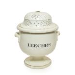 Leech Jar white glazed finish with 'LEECHES' in black, perforated domed lid, 9 1/2'', 24cm