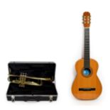 Trumpet Prelude By Bach no.AD31906024 cased together with Classical Guitar labelled 'B&M Classico