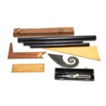 Various Drawing Instruments including Scale dividers, W H Harling 'The Clinograph', spiral rule,
