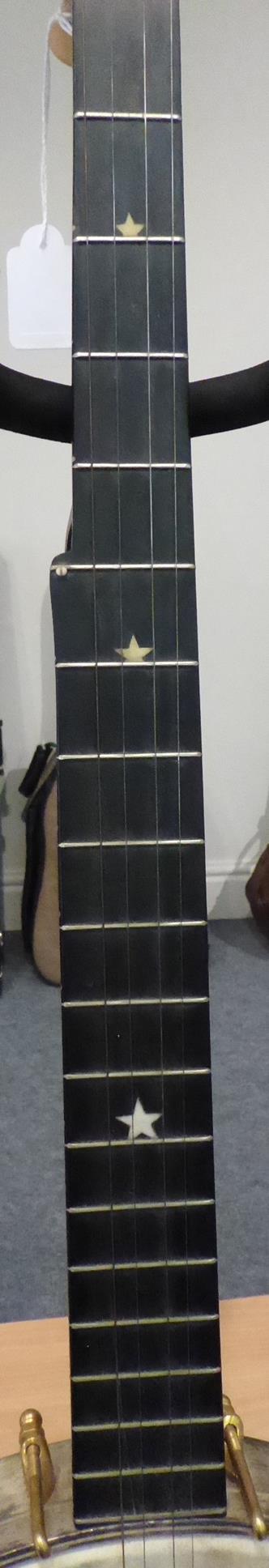 Banjo By R J Ward, Liverpool 11 1/2'' head, five strings, engraved metal faceplate to headstock with - Image 5 of 14