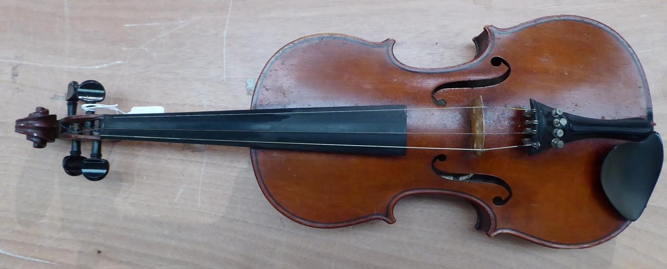 Violin 14 1/8'' one piece back, ebony fingerboard, decoratively shaped ebony tailpiece, labelled ' - Image 3 of 16