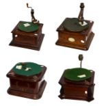 A Selection Of Four Horn Gramophone Bases: unmarked base in mahogany with rounded corners, 12-inch