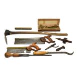 Various Woodworking Tools including an adze 31'' long width of blade 3 7/8'', tenon saw G O P