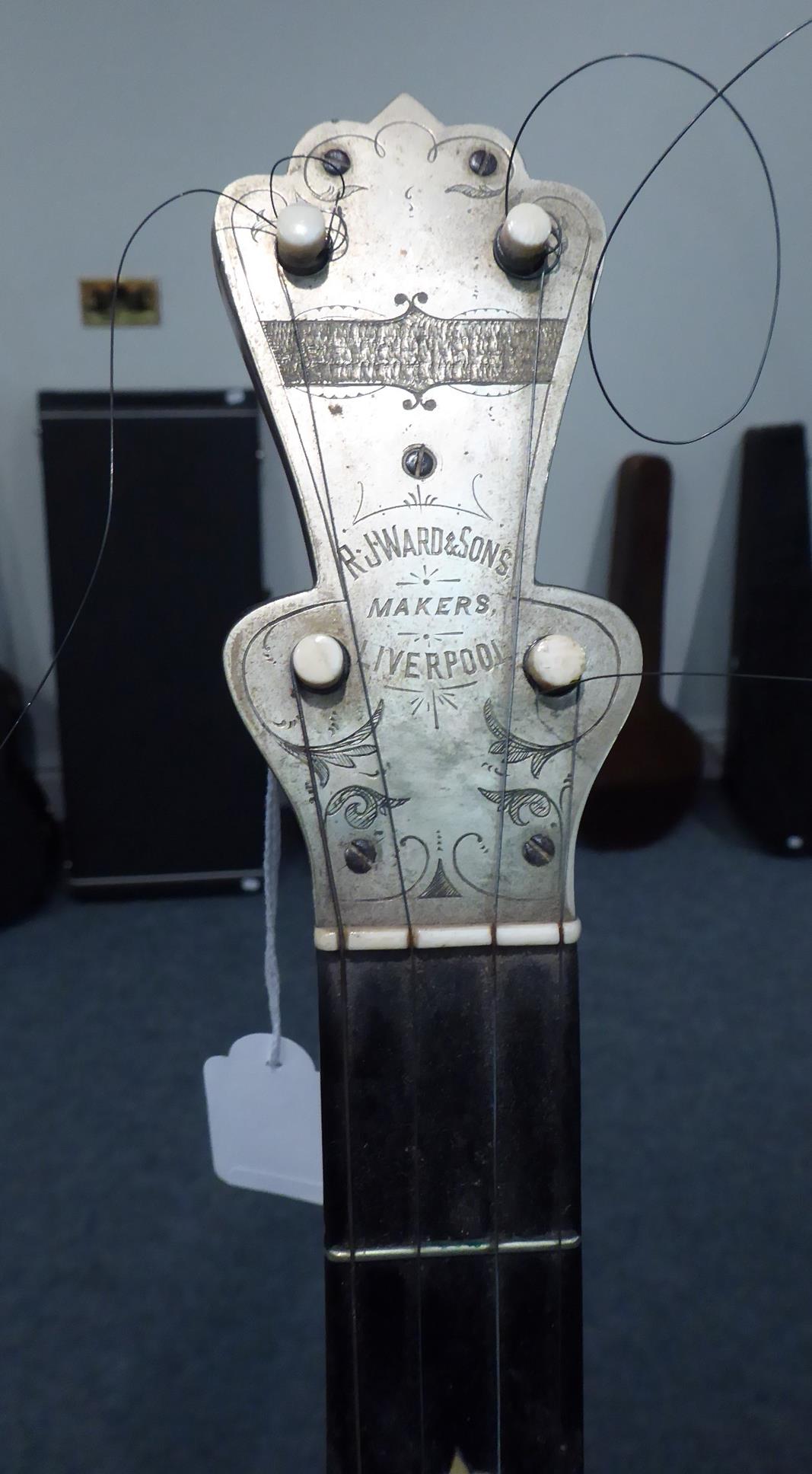 Banjo By R J Ward, Liverpool 11 1/2'' head, five strings, engraved metal faceplate to headstock with - Image 4 of 14