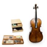 Cello 29 3/4'' two piece laminated back, labelled 'Made in Hungary' in soft case; together with a