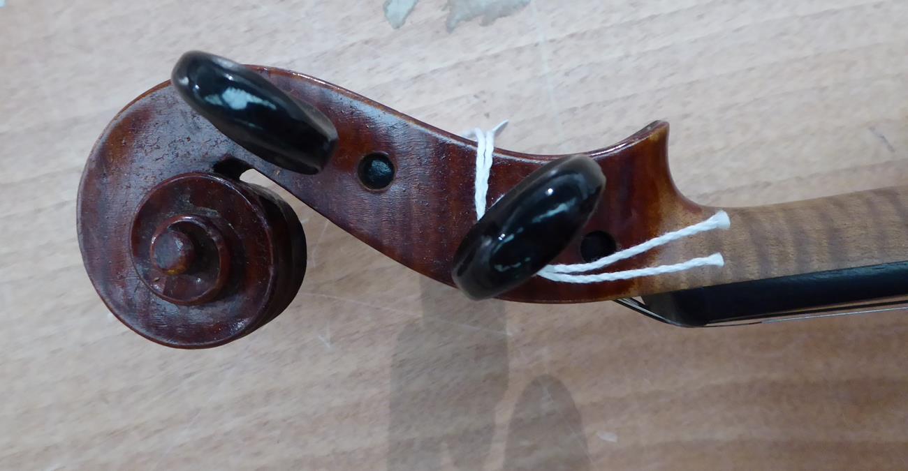 Violin 14 1/8'' one piece back, ebony fingerboard, decoratively shaped ebony tailpiece, labelled ' - Image 9 of 16