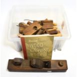 Various Woodworking Tools including four wooden planes, various chisels, gouges and carving tools;