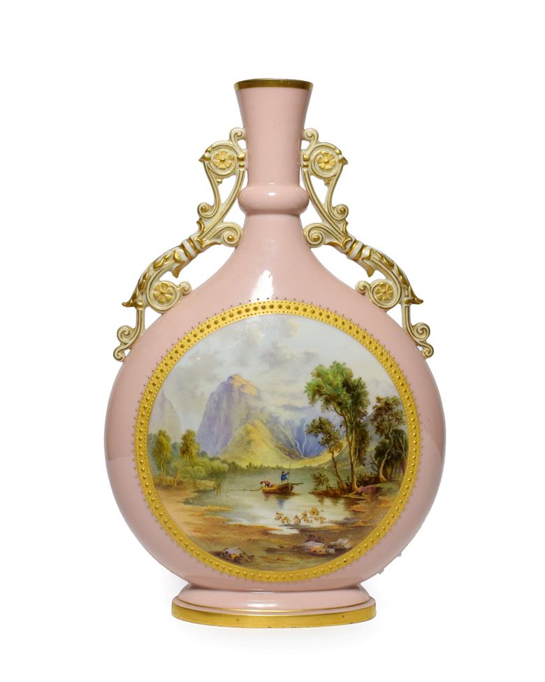 A Graingers Worcester Porcelain Moon Flask, circa 1880, with scroll handles, painted with a