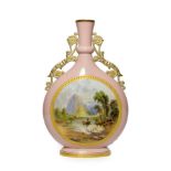 A Graingers Worcester Porcelain Moon Flask, circa 1880, with scroll handles, painted with a