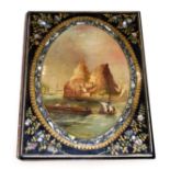 A Victorian Papier Mâché Desk Blotter, 19th century, of rectangular form, the cover painted with a