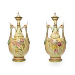 A Pair of Royal Worcester Porcelain Vases and Covers, circa 1905, of baluster form with pierced